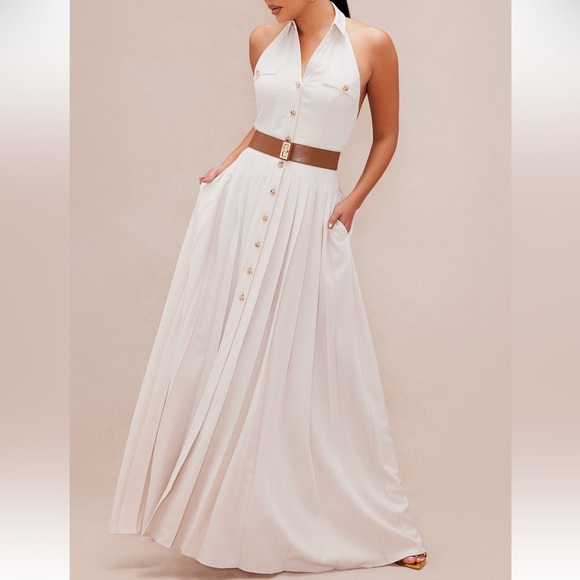 Dresses & Skirts - Sleeveless Halter Button-Front Maxi Dress in Ivory with Brown Belt
